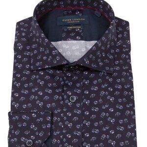 Guide London Navy Micro Floral Print Long Sleeve Button Up Shirt